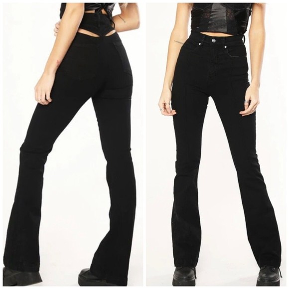 REVICE Denim Avalon Flare Jeans Size 23 High Rise Cut Out Raw Hem Black - Picture 1 of 15